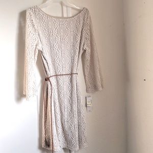 NWT Cream colored crochet dress, fully lined with brown belt.